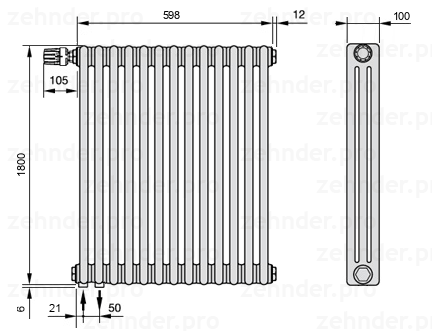 Схема (чертеж) Радиатор Zehnder Charleston 3180/13 №V001 Белый глянцевый RAL 9016